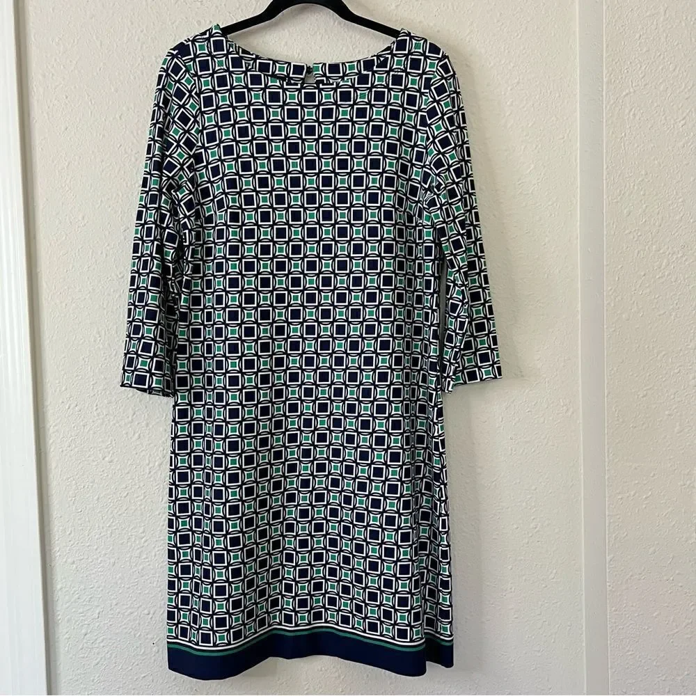Talbots Geometric Print 3/4 Sleeve Shift Dress Size 8
